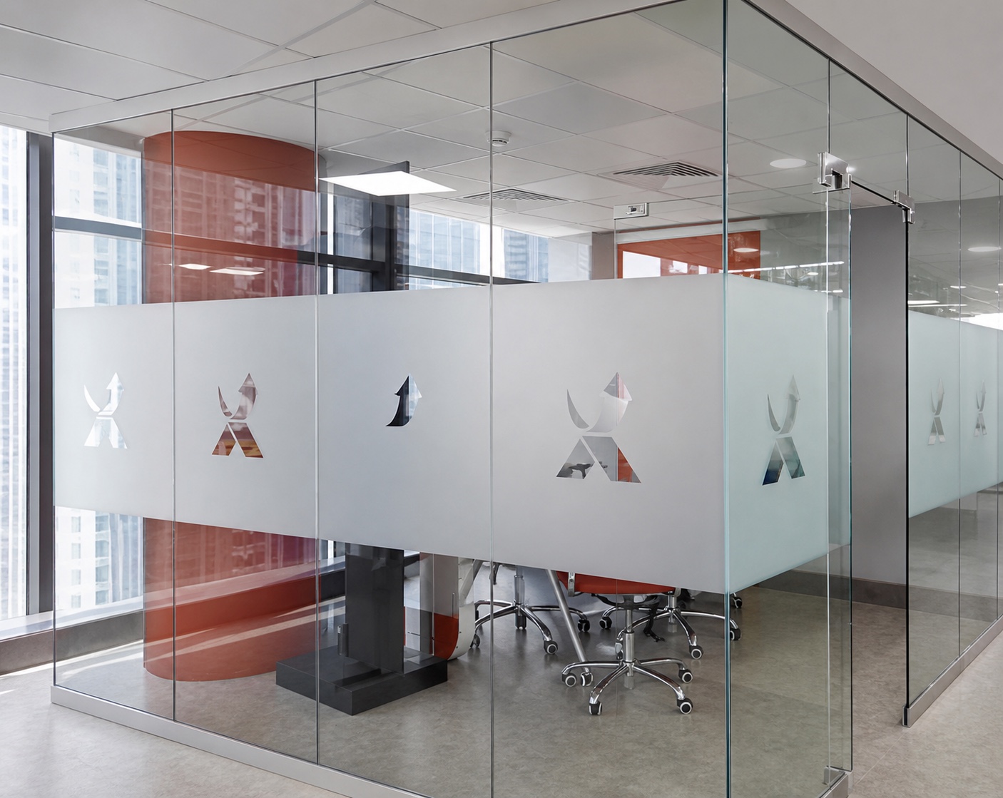 Professionally branded and frosted office glass meeting room