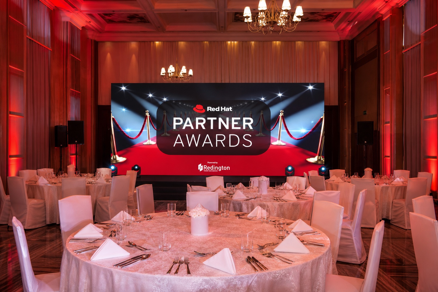 Red Hat Partner Awards event stage and banquet setting